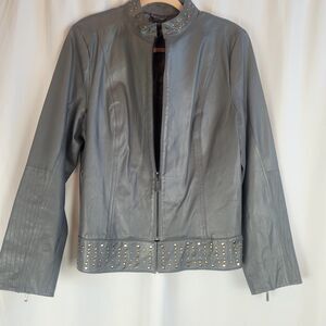 Bradley Bayou Leather Moto Jacket Womens Size L Gray Studded Detail